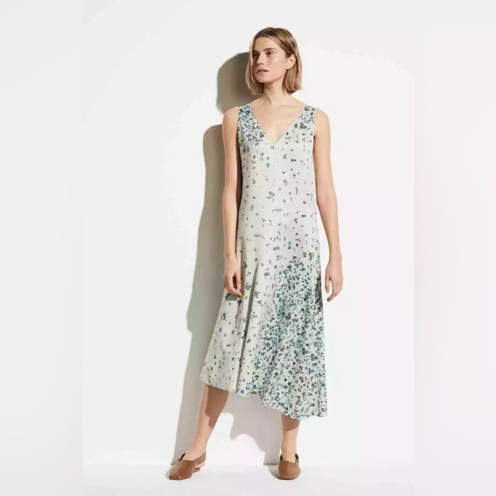 Vince Satin Floral Midi Dress in Aloe Green Size Large